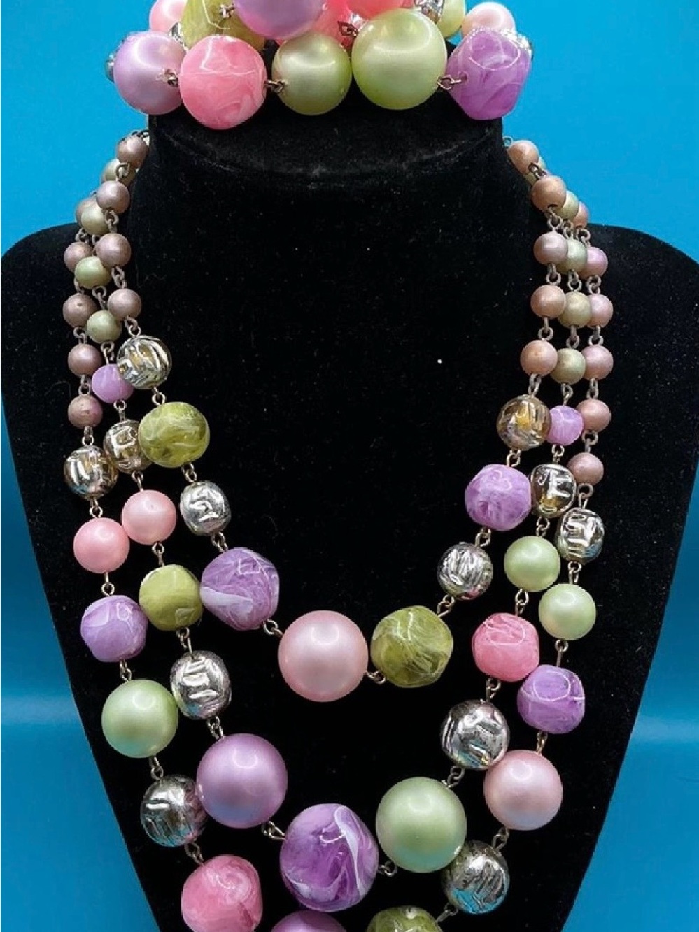 Vintage Vendome-Style  Green, Purple, Pink  Crystal Faux Pearl 3-Strand set